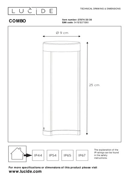 Lucide COMBO - Borne extérieur - Ø 9 cm - LED - 1x9W 3000K - IP54 - Noir - technique